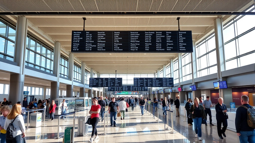 Boston Logan International Airport terminal interior with travelers checking in, modern architecture, departure boards overhead, bustling airport environment, natural daylight streaming through windows, authentic travel scene