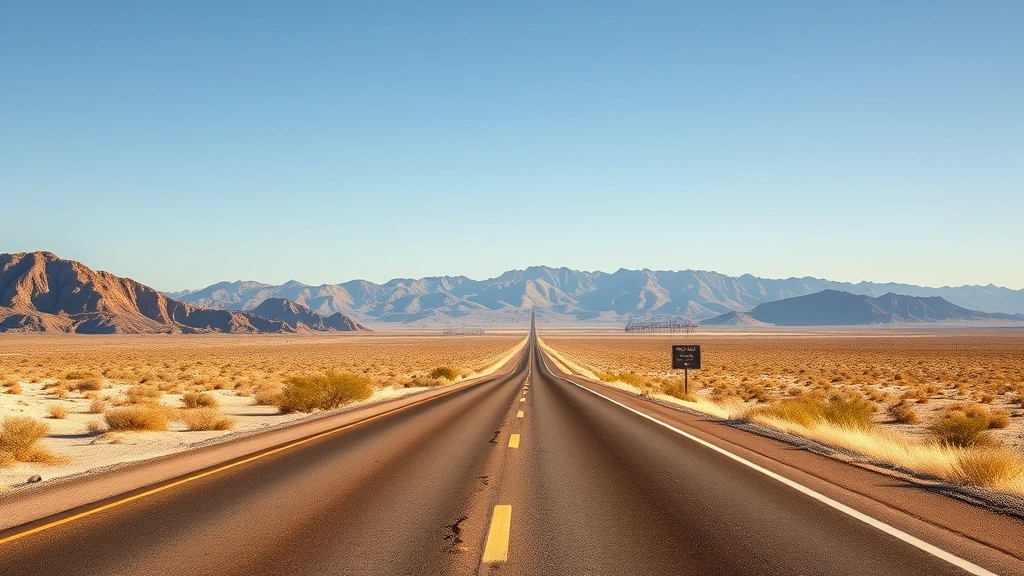 Scenic desert highway stretching toward Las Vegas with mountains in distance, clear blue sky, road trip perspective, golden hour lighting, wide open southwestern landscape, travel adventure aesthetic