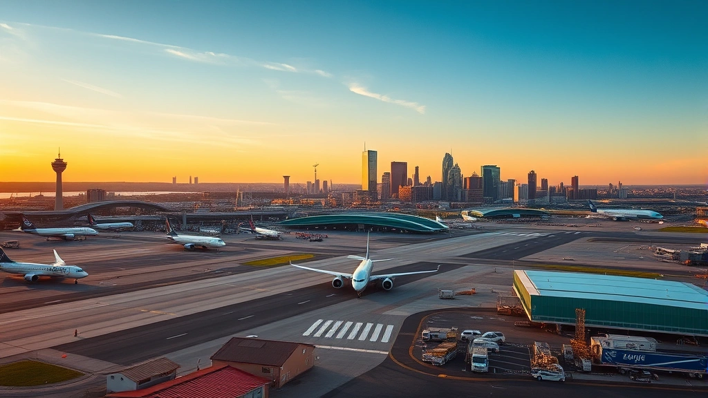 Aerial view of Boston Logan Airport with planes on tarmac and city skyline in background, vibrant morning light, photorealistic high-quality image