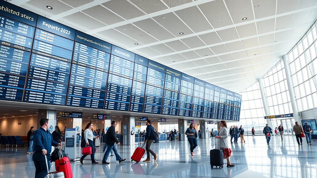 Interior of modern airport terminal showing departure boards and travelers with luggage, bright natural lighting, contemporary airport architecture, travel journey documentation style