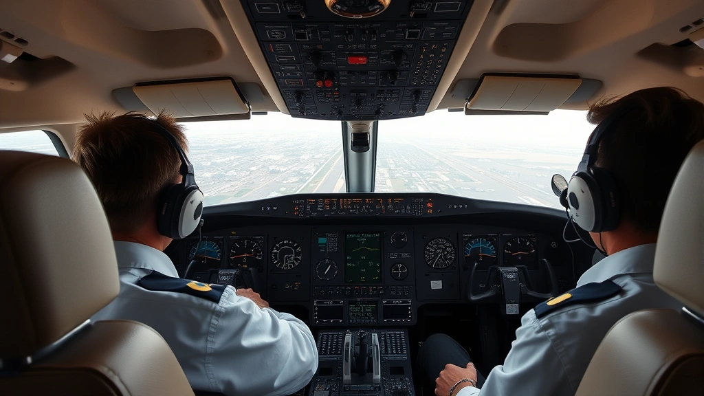 Commercial aircraft cockpit with pilots monitoring instruments during flight, detailed dashboard displays, professional aviation environment, daytime flight operations