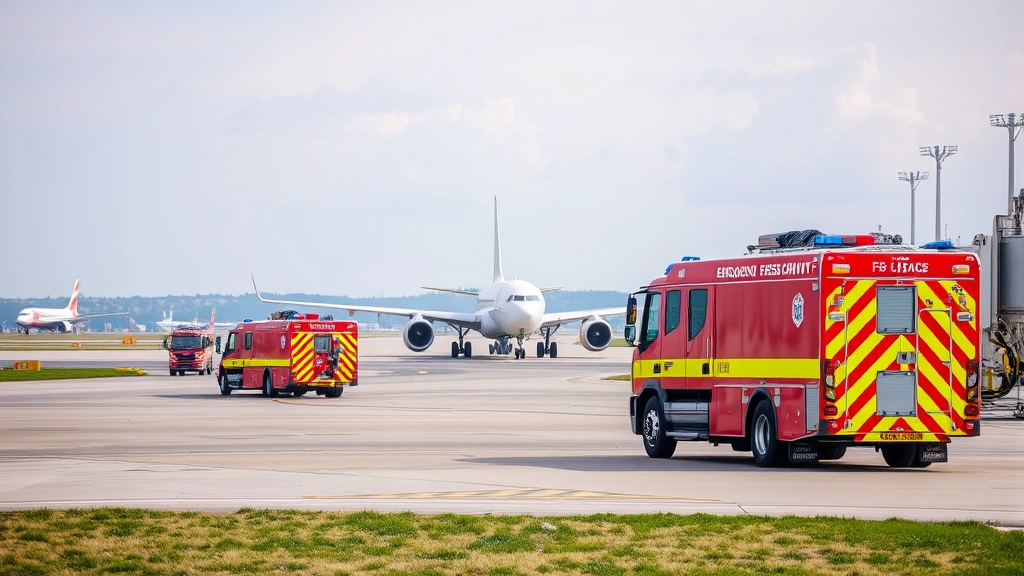 Airport emergency response vehicles positioned on runway with aircraft in distance, fire trucks and rescue equipment ready, professional emergency preparedness scene