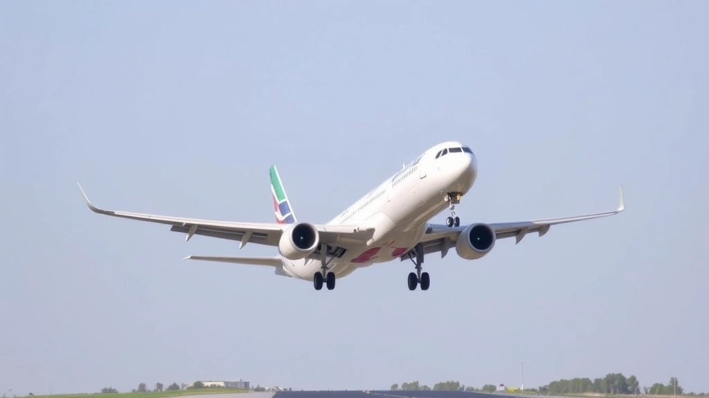 Commercial airplane descending toward runway during landing approach, clear sky conditions, aircraft exterior view showing landing gear deployed, safe landing sequence