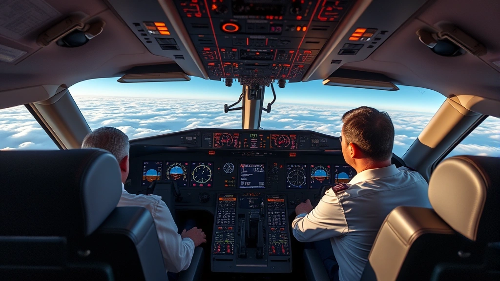 Professional commercial aircraft cockpit during daytime flight with pilots at controls, modern avionics displays illuminated, window showing clear sky and clouds below, realistic detailed interior