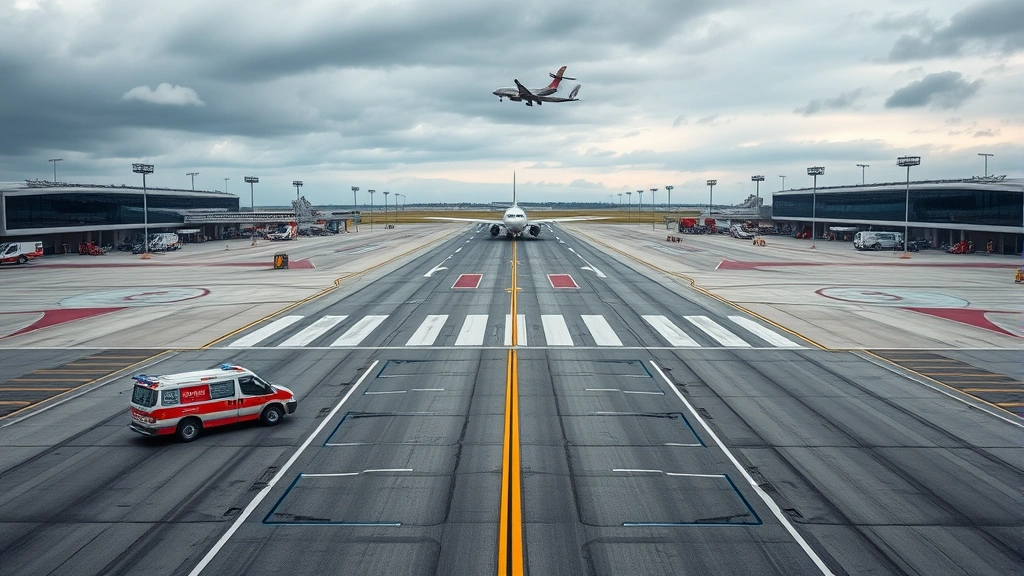 Wide-angle view of modern airport runway with emergency vehicles stationed nearby, tarmac markings visible, aircraft landing approach in background, realistic airport infrastructure