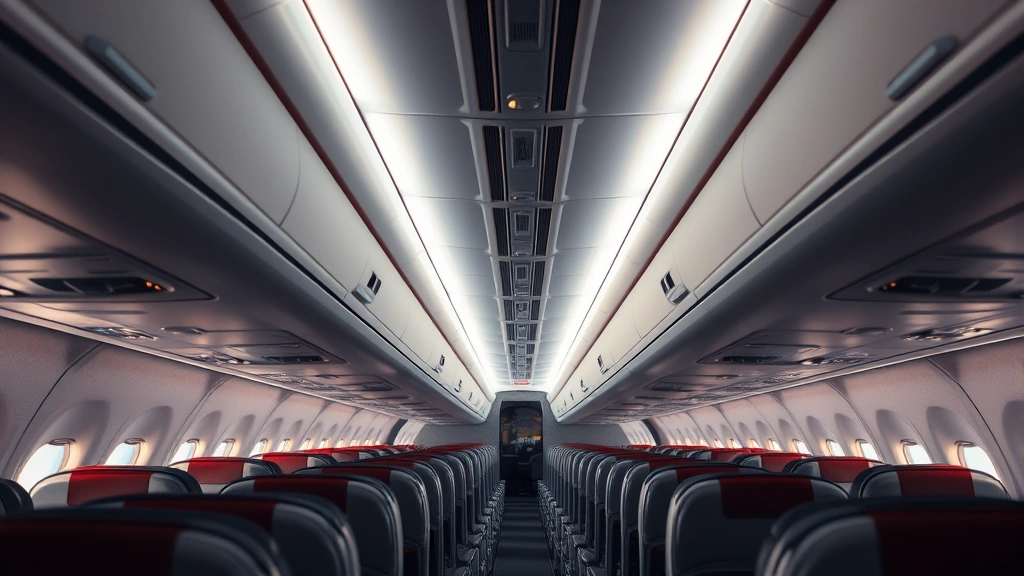 Interior cabin of commercial aircraft showing empty passenger seats, overhead compartments, aisle view, soft cabin lighting, modern aircraft interior design, photorealistic quality