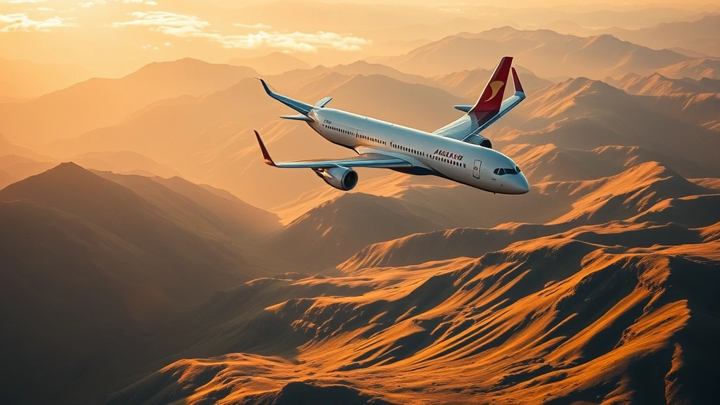 Modern commercial aircraft cruising above Scottish Highlands with dramatic mountain landscape below, golden hour lighting, photorealistic aerial photography