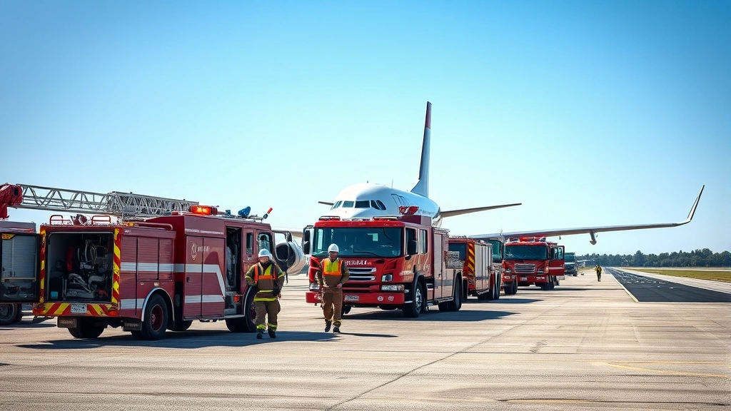 Professional aircraft emergency response team with fire trucks and rescue equipment positioned at airport runway, realistic training scenario, daytime