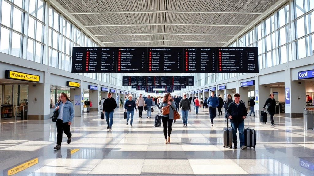 Edinburgh Airport terminal interior with passengers walking through modern departure halls, departure boards visible, natural light streaming in