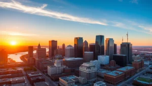 Aerial view of Buffalo skyline at sunset with Niagara River visible, modern cityscape with glass buildings and historic architecture blending together, golden hour lighting, professional travel photography