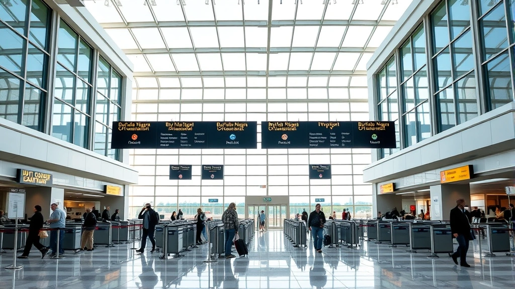 Buffalo Niagara International Airport departure hall with travelers at gates, modern airport interior, natural lighting, professional travel setting
