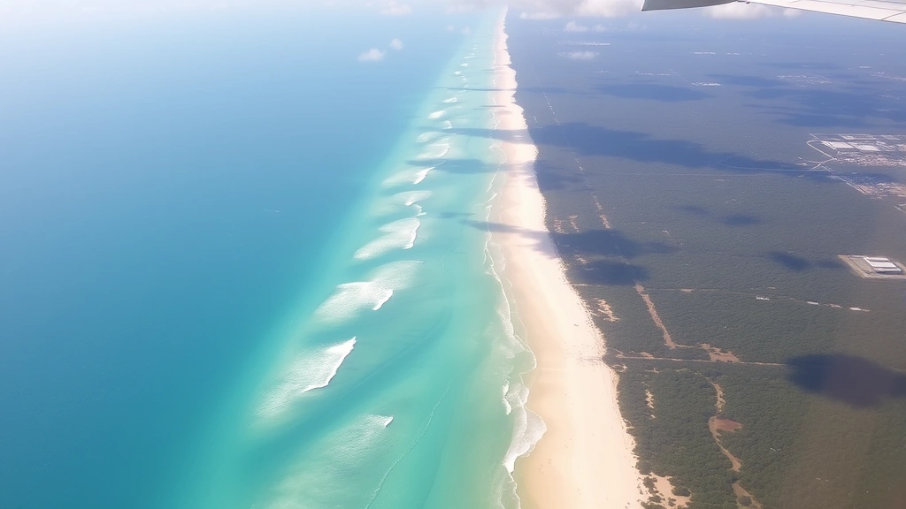 Aerial view of Florida coastline near Orlando with turquoise water, sandy beaches, and lush vegetation from airplane window perspective