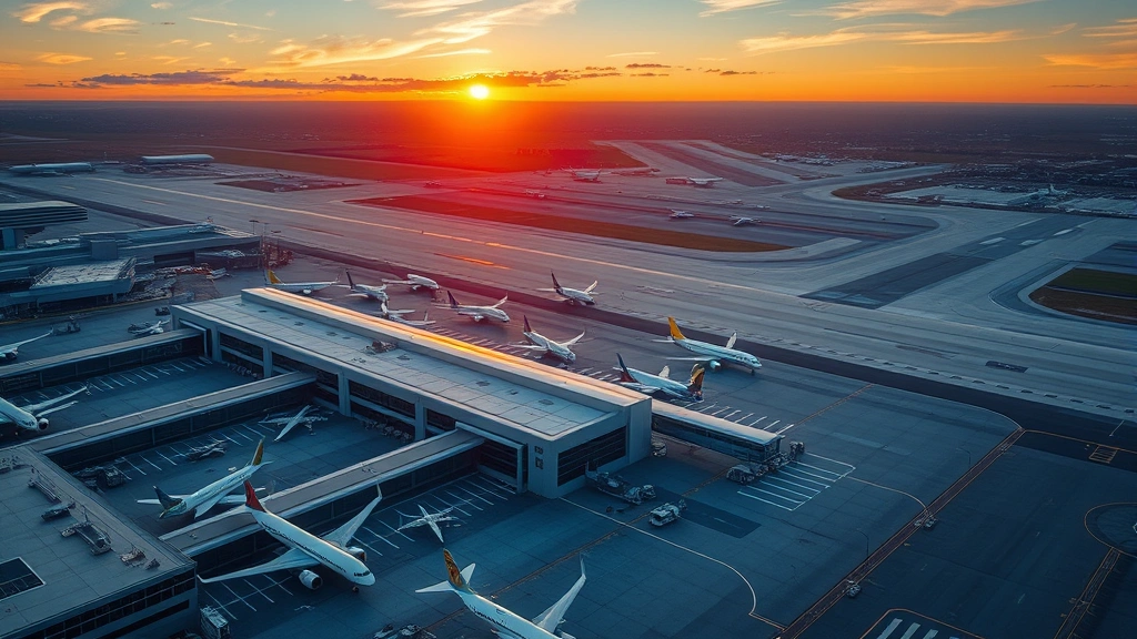 Aerial view of Atlanta Hartsfield-Jackson International Airport with multiple aircraft parked at gates, modern terminal buildings, and runways stretching into distance during golden hour sunset
