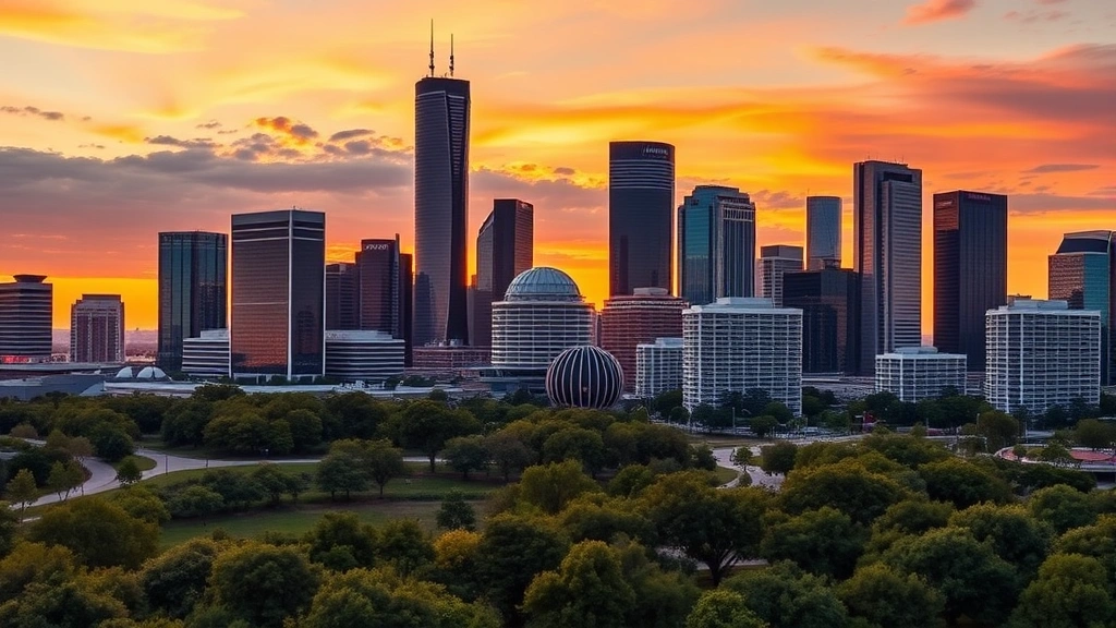 Houston skyline at sunset with Space Center Houston dome visible, Buffalo Bayou Park in foreground, modern skyscrapers reflecting orange and pink sky, vibrant city landscape