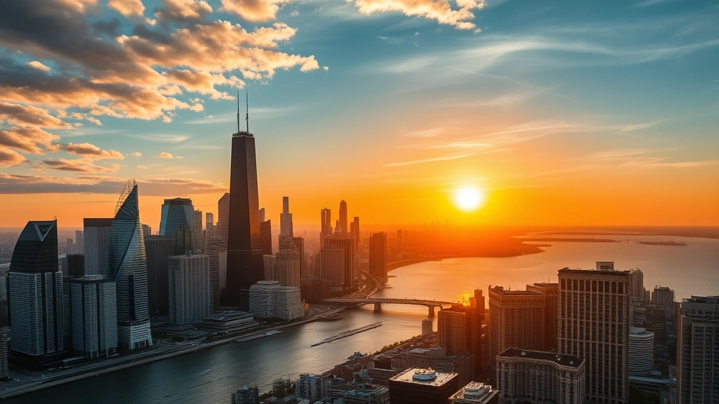Aerial view of Chicago skyline with Lake Michigan and downtown skyscrapers at golden hour, professional travel photography