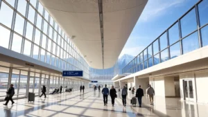 Denver International Airport modern terminal with mountain views in background, travelers walking through contemporary architecture with natural light streaming through windows