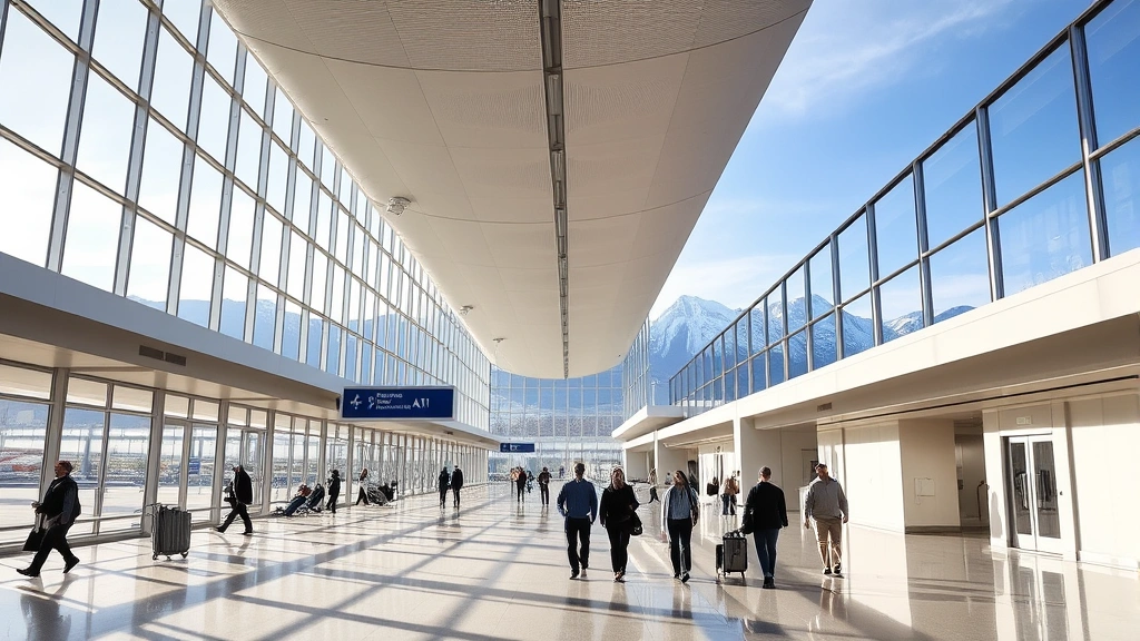 Denver International Airport modern terminal with mountain views in background, travelers walking through contemporary architecture with natural light streaming through windows