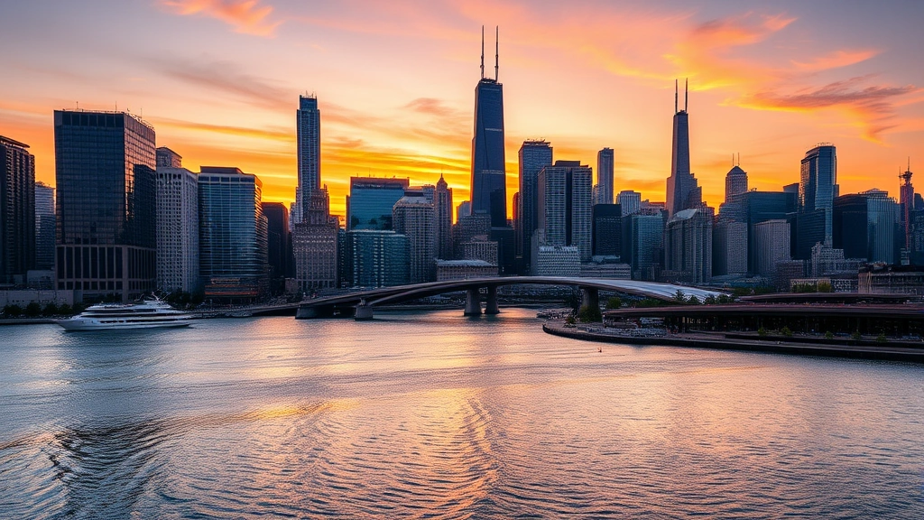 Chicago skyline featuring Willis Tower and Lake Michigan waterfront at sunset, urban landscape with architectural landmarks and golden hour lighting