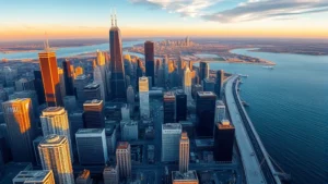 Aerial view of Chicago skyline with Lake Michigan at sunrise, modern skyscrapers reflecting golden morning light, O'Hare Airport visible in distance, photorealistic high-resolution professional photography