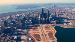 Aerial view of Chicago skyline with Lake Michigan and O'Hare Airport runways visible in morning light, cityscape stretching to horizon