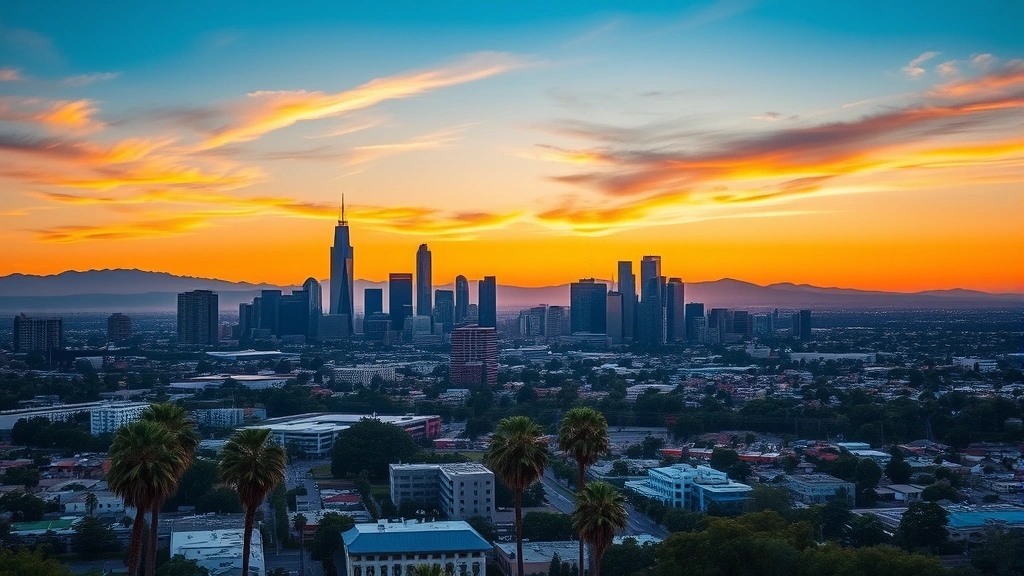 Aerial view of Los Angeles skyline at sunset with downtown skyscrapers, palm trees, and mountains in background, photorealistic travel photography