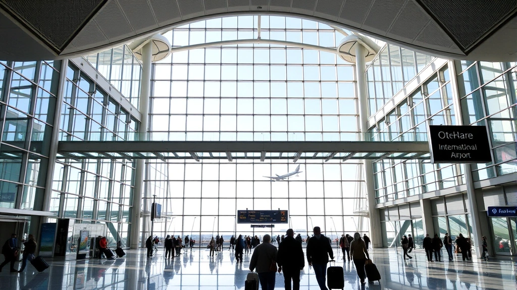 Chicago O'Hare International Airport terminal interior with modern architecture, glass windows, travelers walking with luggage, bright natural lighting