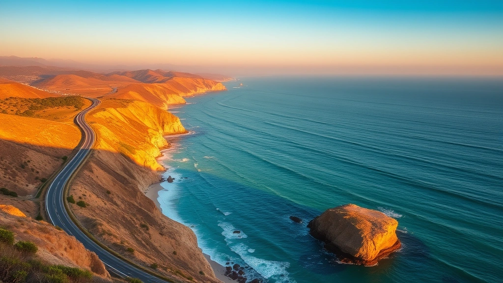 Pacific Coast Highway scenic overlook near Los Angeles with ocean cliffs, turquoise water, coastal road, and golden sunset lighting