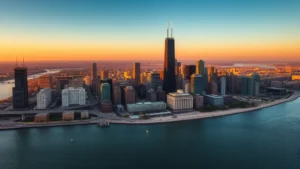 Aerial view of Chicago skyline at sunset with Lake Michigan and downtown skyscrapers reflecting golden light, clear weather
