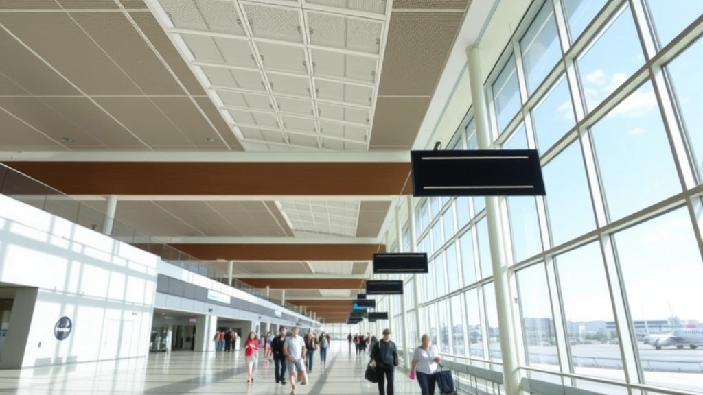 Modern Tampa airport terminal interior with bright windows, contemporary architecture, and travelers walking through spacious corridors