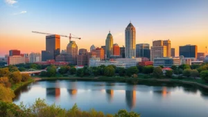 Austin skyline at sunset with Lady Bird Lake in foreground, modern downtown architecture reflecting golden hour light, vibrant Texas landscape, no text