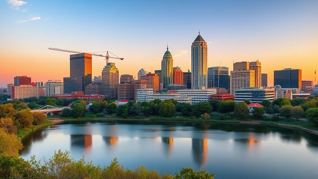 Austin skyline at sunset with Lady Bird Lake in foreground, modern downtown architecture reflecting golden hour light, vibrant Texas landscape, no text