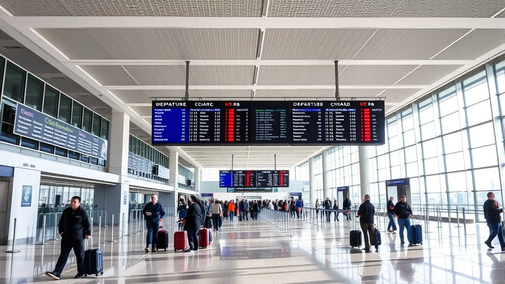 Chicago O'Hare International Airport terminal interior showing departure boards and travelers with luggage, modern airport architecture, bright natural lighting, no signage visible