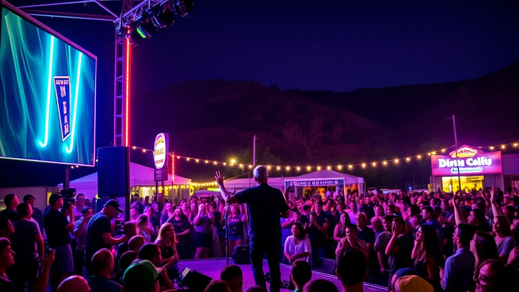 Austin musician performing live on outdoor stage at night, neon lights, energetic crowd, Texas Hill Country backdrop, no readable text or signs