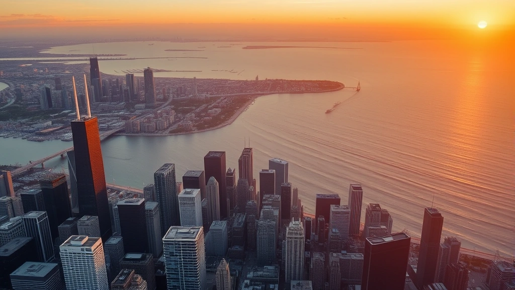 Aerial view of Chicago skyline with Lake Michigan during golden hour sunset, modern skyscrapers and downtown architecture visible, photorealistic travel photography