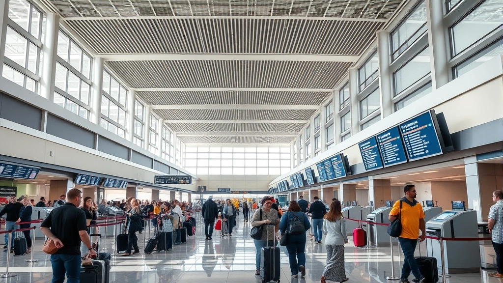 Boston Logan Airport departure hall with travelers at check-in counters, modern terminal interior with natural lighting, bustling airport atmosphere, photorealistic
