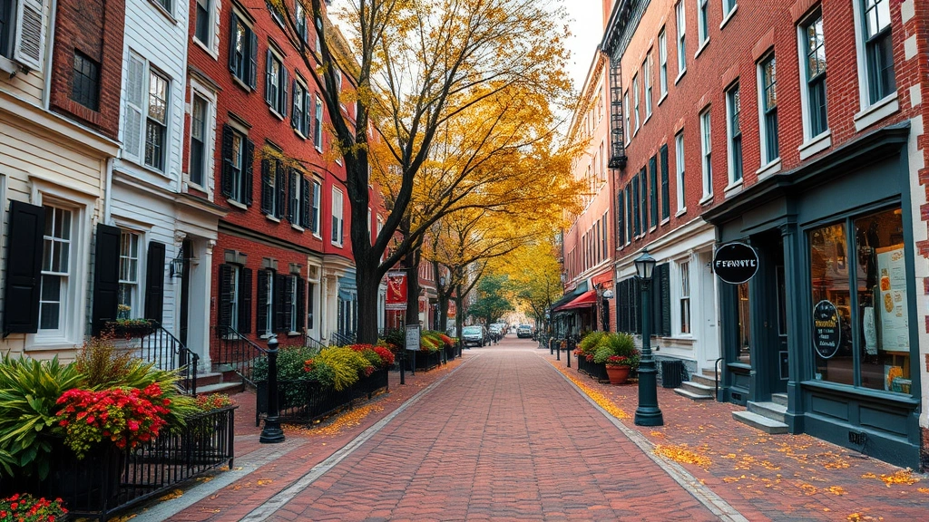 Historic Boston Freedom Trail brick pathway lined with colonial buildings and autumn foliage, charming cobblestone streets, New England architecture, photorealistic travel scene