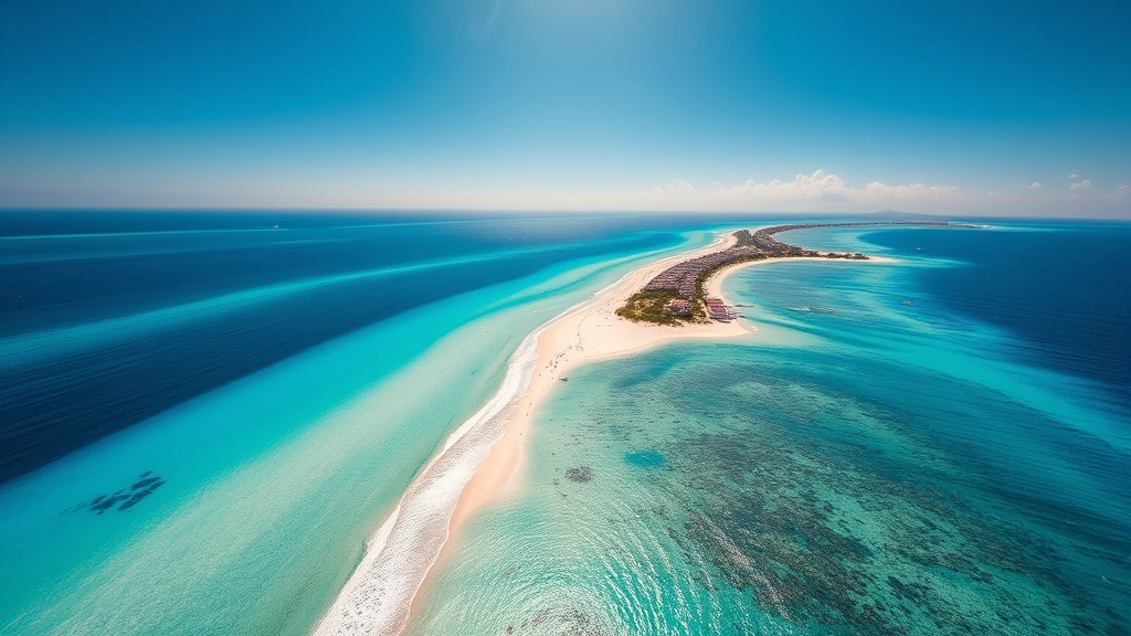 Stunning aerial view of turquoise Caribbean waters meeting white sand beach in Cancun, crystal clear tropical waters with resort buildings visible on shore, bright sunny day with clear blue sky, photorealistic high-resolution travel photography