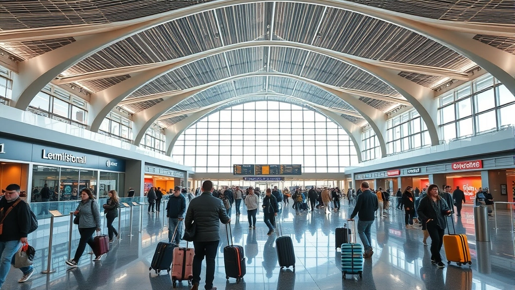 Chicago O'Hare International Airport departure hall with modern architecture, travelers with luggage, bright natural lighting, contemporary airport interior design, busy travel atmosphere, photorealistic professional travel photography