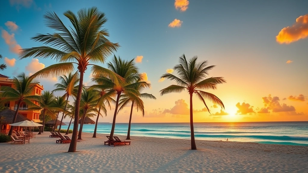 Cancun beachfront resort with palm trees, tropical sunset, calm azure ocean waves, lounge chairs on pristine white sand, golden hour lighting, inviting vacation destination, photorealistic travel destination photography