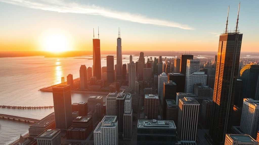 Aerial view of Chicago skyline with Lake Michigan at sunrise, modern skyscrapers reflecting golden light, drone photography perspective, vibrant cityscape