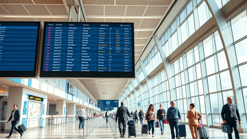Modern airport terminal interior with departure board displaying flight information, travelers with luggage walking through spacious corridor, natural light from large windows, busy aviation hub atmosphere