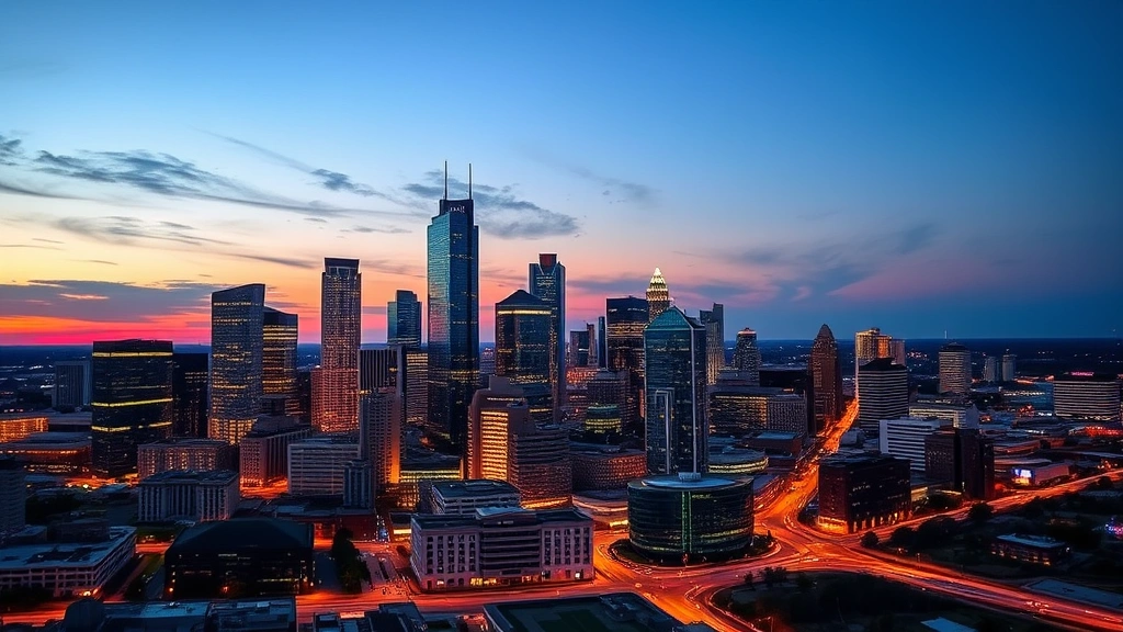 Dallas skyline at dusk with illuminated skyscrapers and modern architecture, sunset colors reflecting off glass buildings, panoramic city view from observation point, vibrant urban landscape