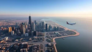 Aerial view of Chicago skyline with Lake Michigan and O'Hare Airport in background, morning light, professional photography