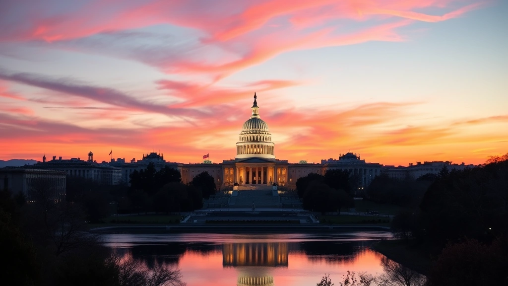Washington DC skyline featuring the Capitol Building and Lincoln Memorial at sunset, reflection in Tidal Basin, vibrant colors