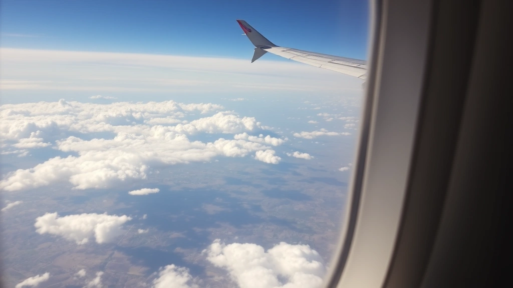 Airplane window view during flight over American landscape, clouds and terrain below, travel adventure perspective