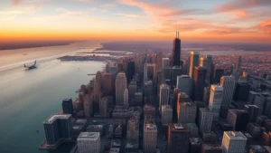 Aerial view of Chicago skyline at sunset with Lake Michigan, urban landscape with O'Hare Airport runway visible in distance, golden hour lighting, photorealistic