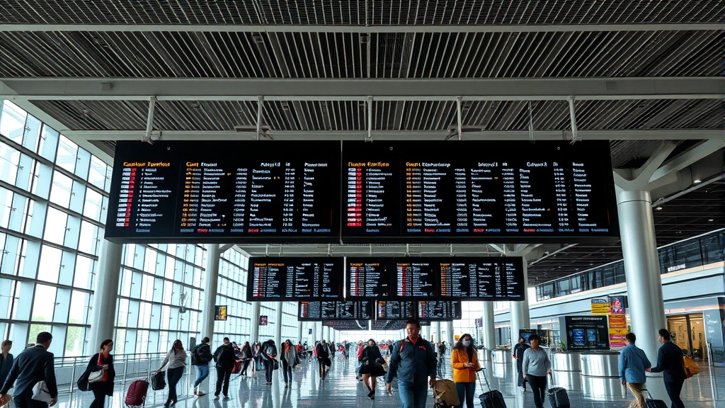 Modern airport terminal interior with international travelers, departure boards showing flight information, contemporary architecture with natural light, diverse passengers with luggage