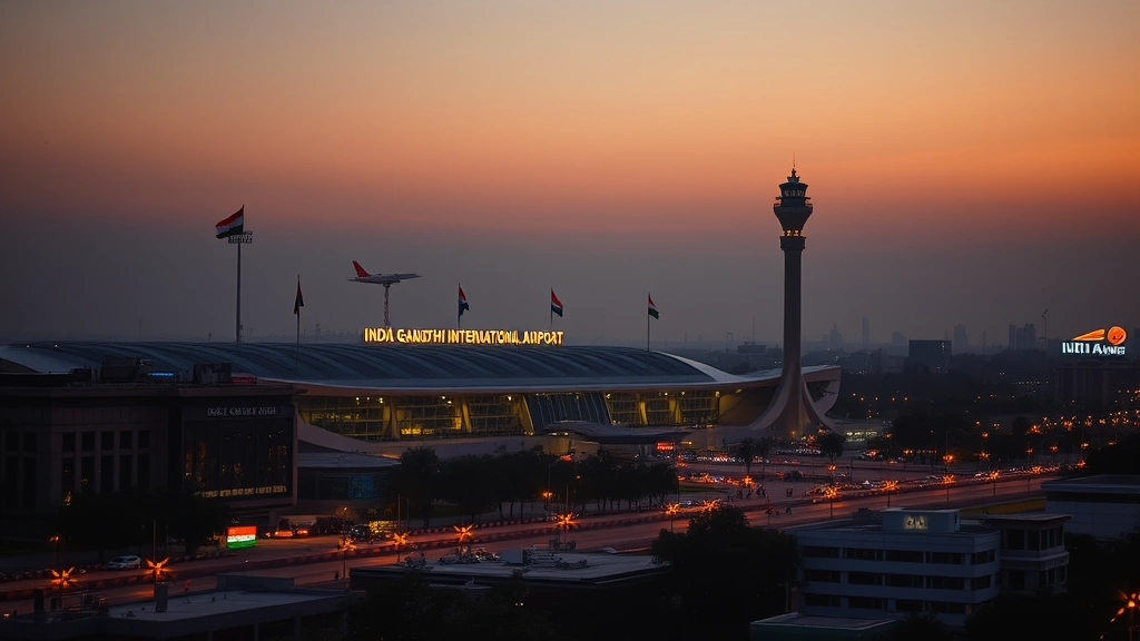 Delhi cityscape at dusk showing Indira Gandhi International Airport terminal building, modern architecture, Indian flags, city lights beginning to illuminate, photorealistic travel photography