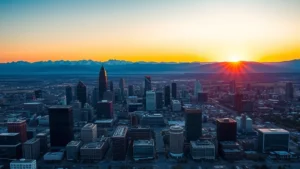 Aerial view of Denver skyline at sunset with Rocky Mountains in background, golden hour lighting, modern cityscape with downtown buildings visible