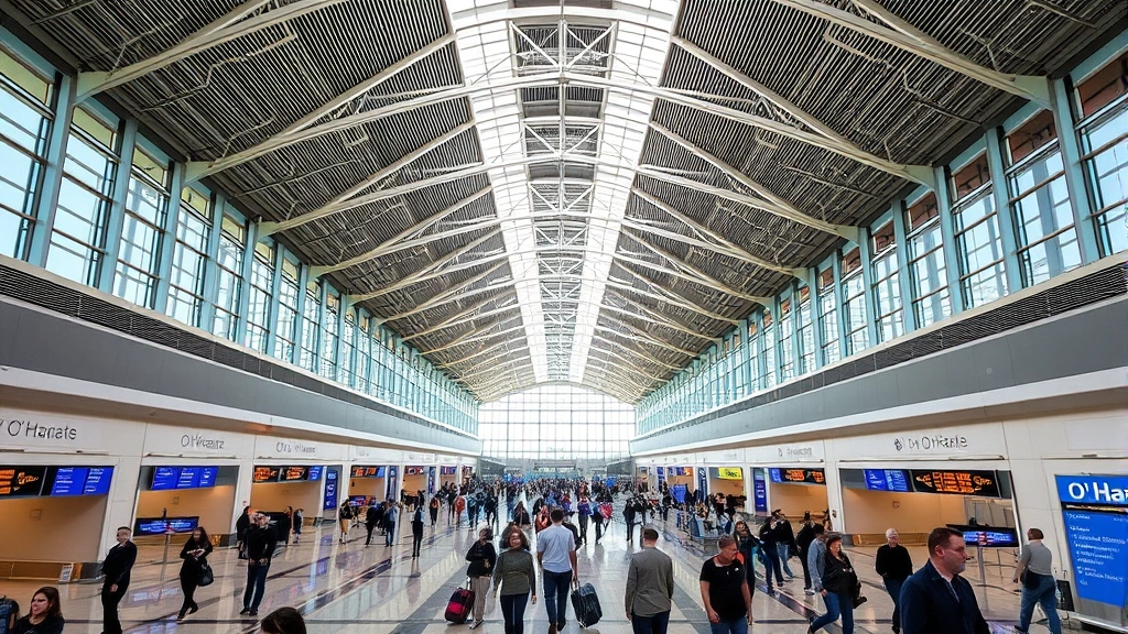 O'Hare International Airport terminal interior with modern architecture, travelers walking through corridors, departure boards visible, contemporary airport design